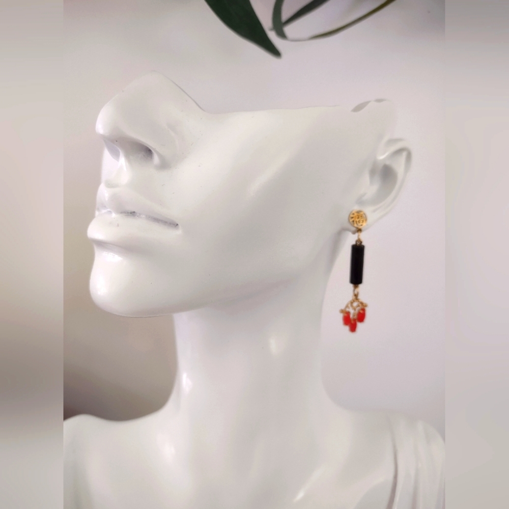 14kt Gold Chinese Character Black Coral And Red Jade Earrings